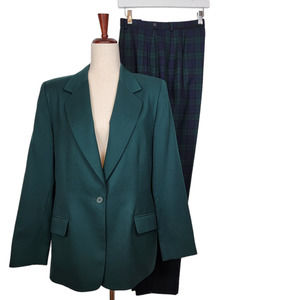Pendleton 100% Virgin Wool Green Blazer Size 12 Tartan Plaid Pants Size 14 Suit